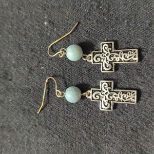 Silver Tone Pastel Light Blue Beaded Cross Crucifix Dangle Statement Earrings